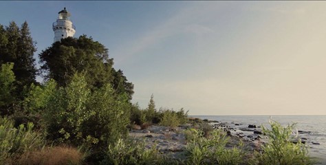 Lighthouse behind trees at the edge of the lake.