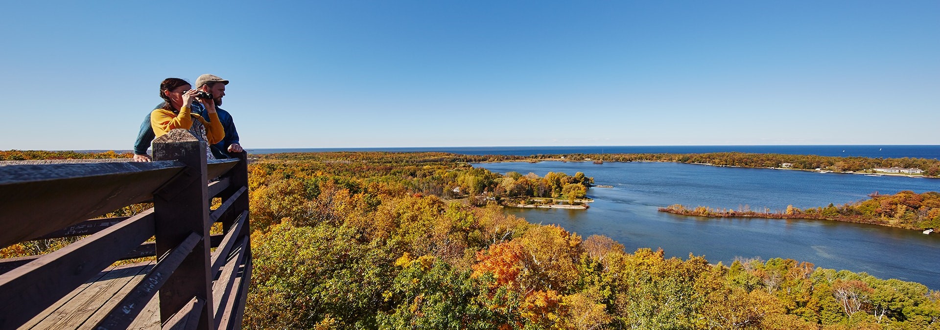 A couple looking out at the trees and the lake from a tower.