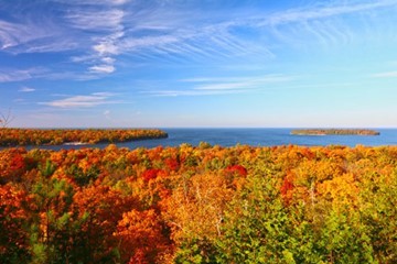 Trees with their fall colors with a waterway in the distance.