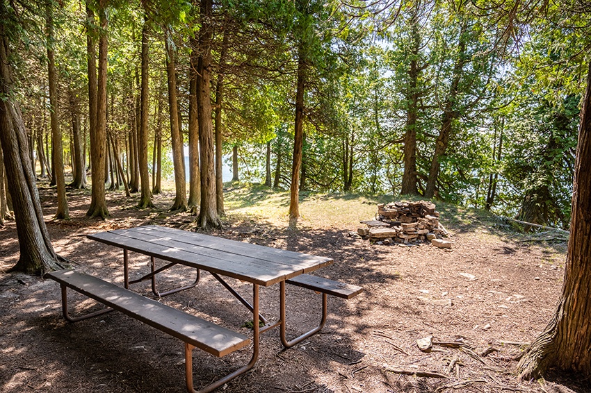 A secluded campsite near the water at Rock Island's campground.