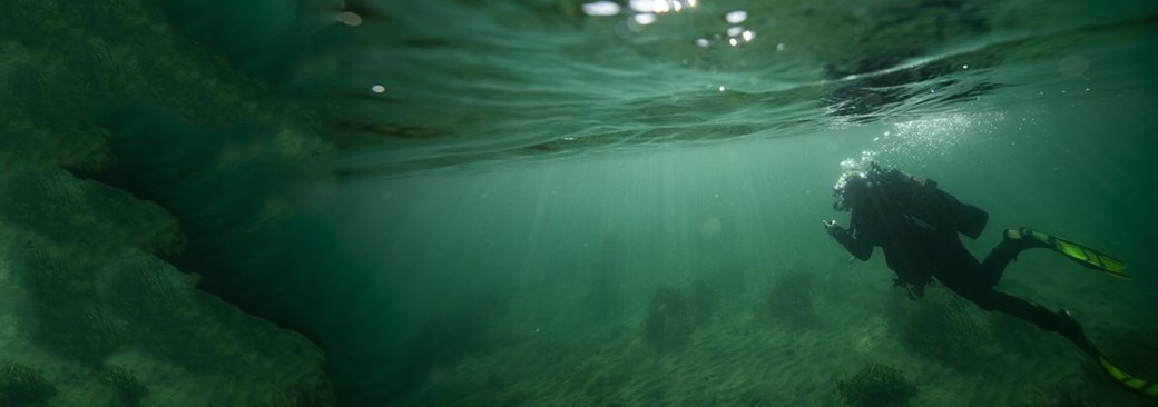 A person scuba diving in the lake