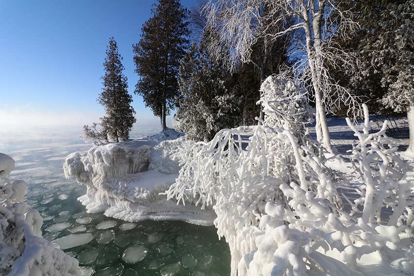 Wild ice formations at Cave Point.