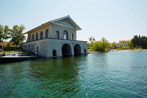 The stately Thordarson boathouse on the Rock Island coast.