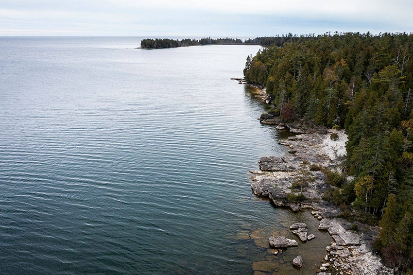 A sweeping view of the Toft Point shoreline and Lake Michigan.