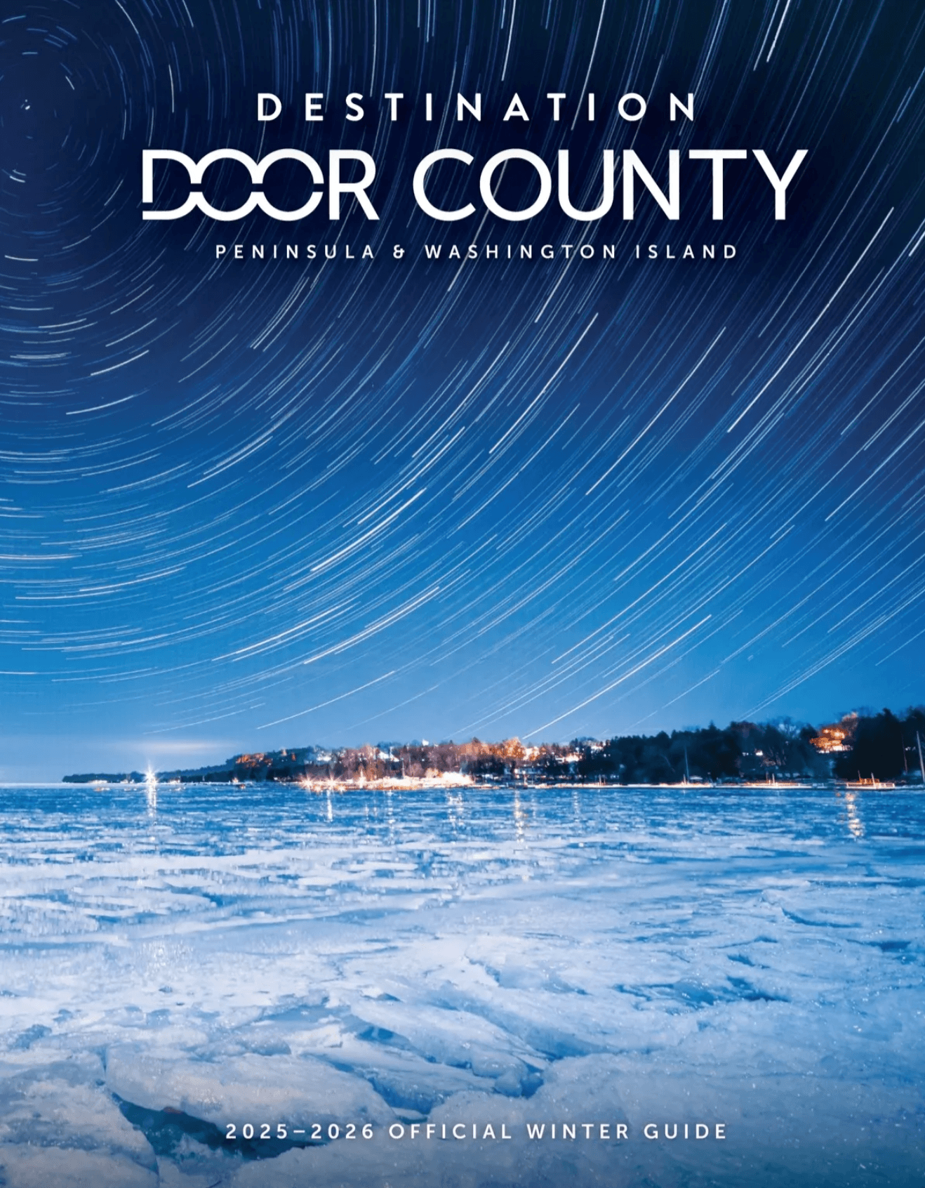 Front cover of the 2025-2026 winter guide featuring stars and an icy lake