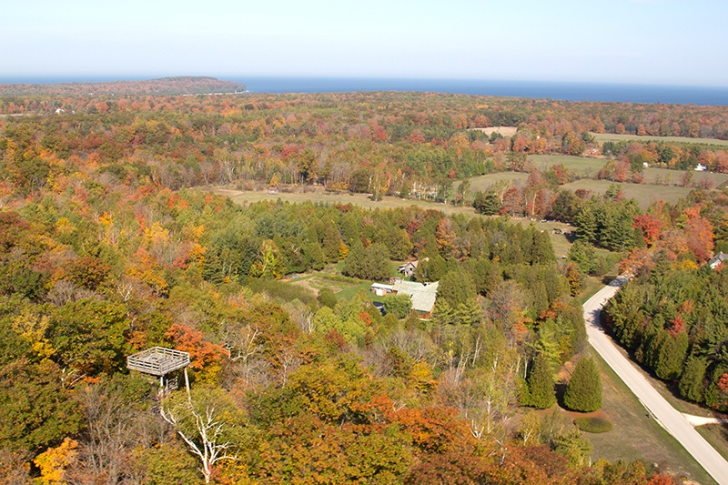 Aerial view of Washington Island with peak fall colors.