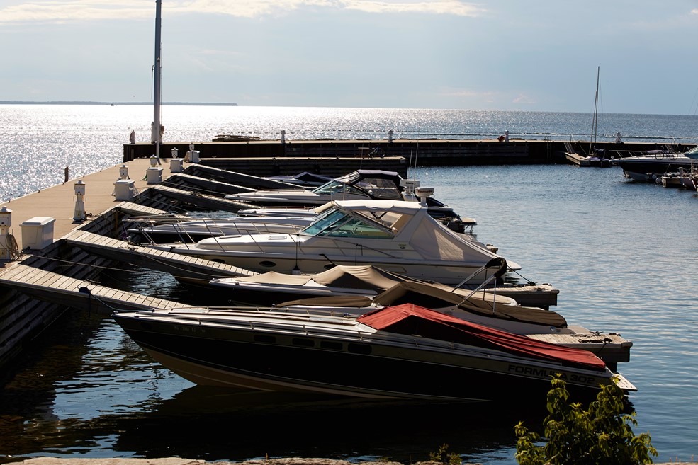 Boats docked at the Sister Bay Marina.