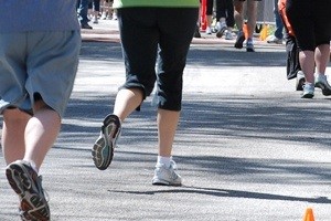 Closeup of runners feet at a triathlon.