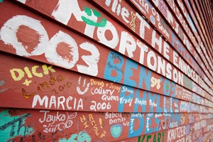 Closeup of a red, graffiti-covered building exterior, the iconic Hardy Center