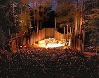 An audience at an amphitheater at night watching a performance surrounded by trees.
