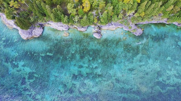 Aerial view of a lake and shoreline from above