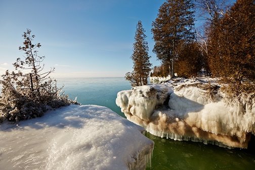 Ice on the rocks at Cave Point.