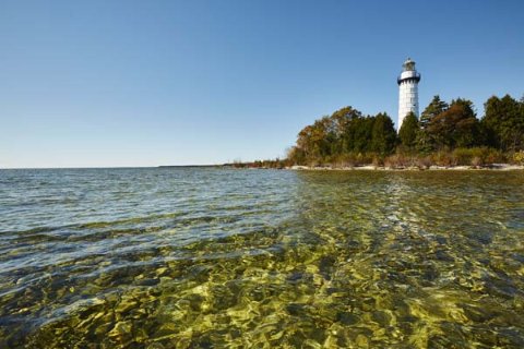 The Cana Island lighthouse from off shore.