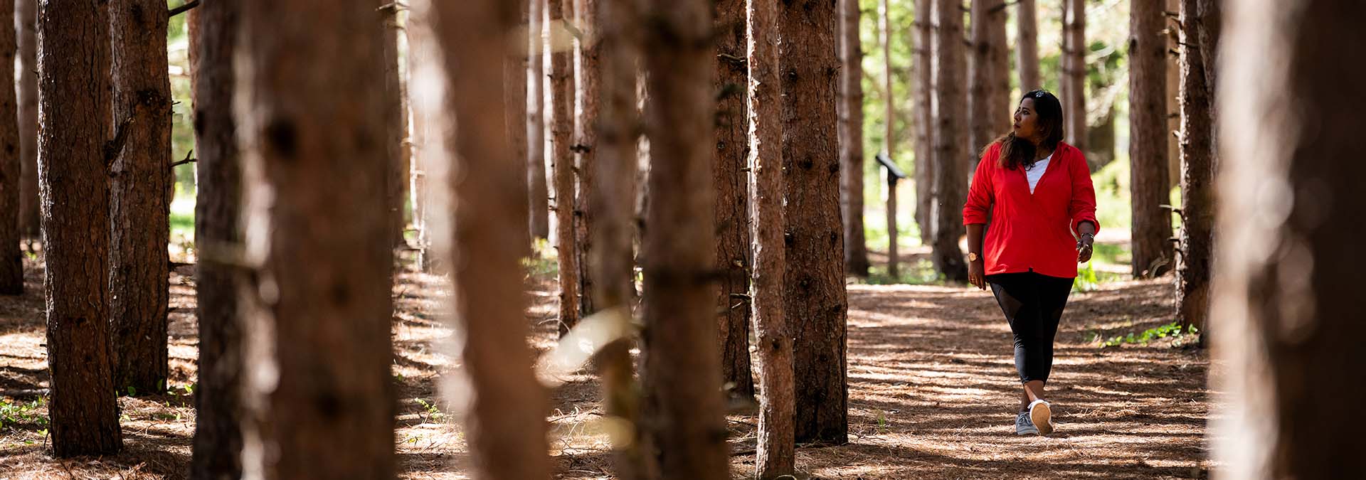 A woman walking in the woods