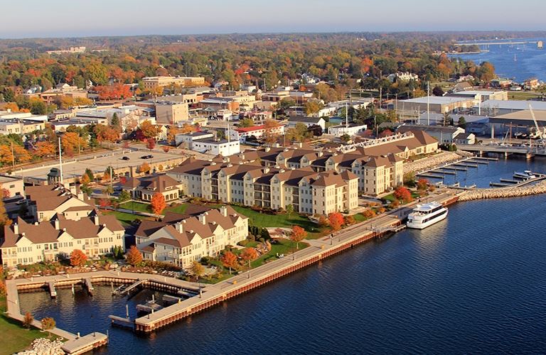 Buildings on the shoreline taken from the air.